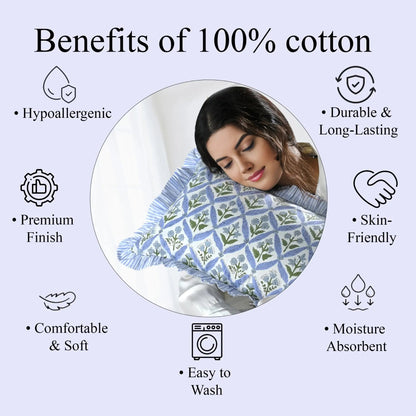Woman sleeping with a patterned pillow, surrounded by text listing benefits of 100% cotton.