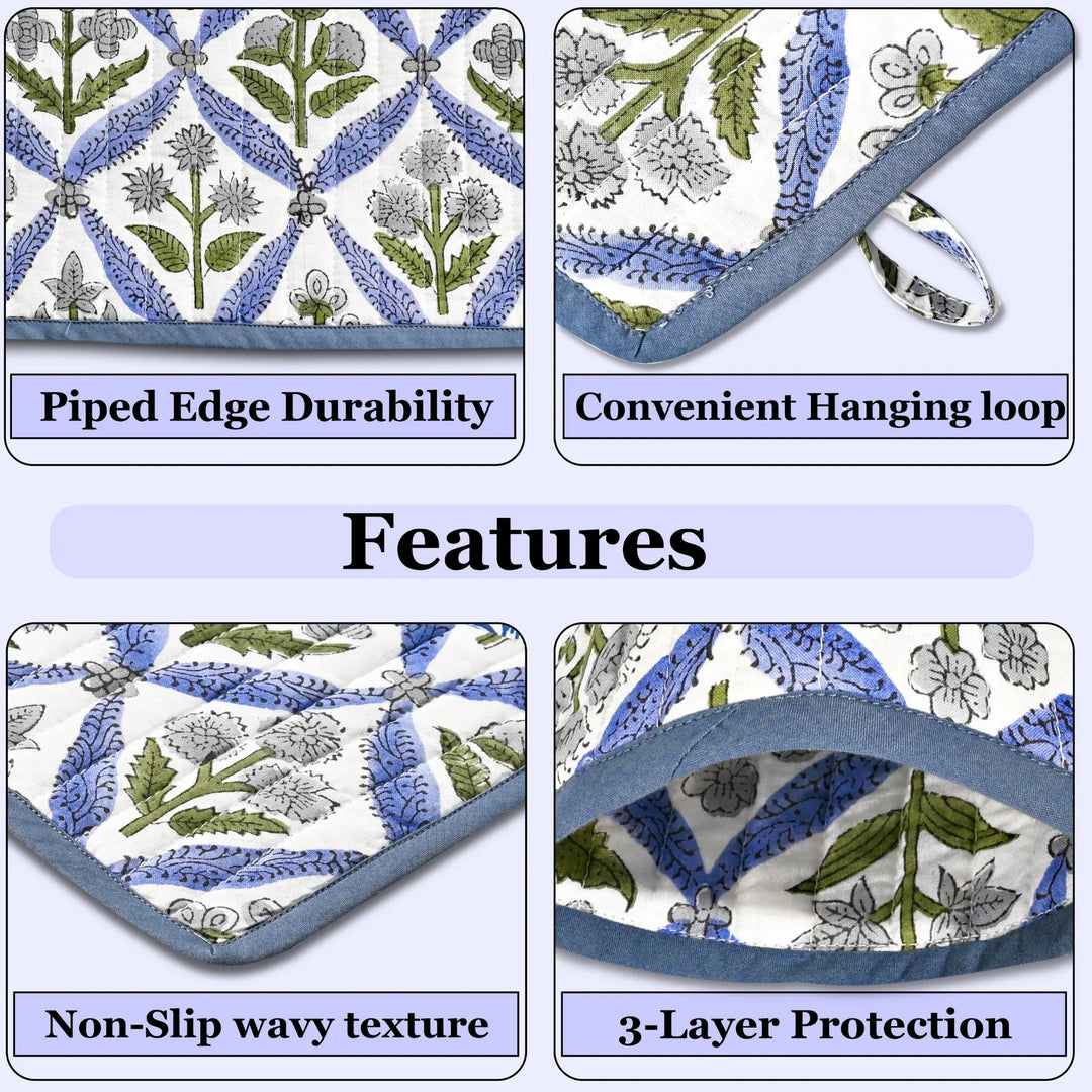 Product features with floral patterns and text labels on a light blue background