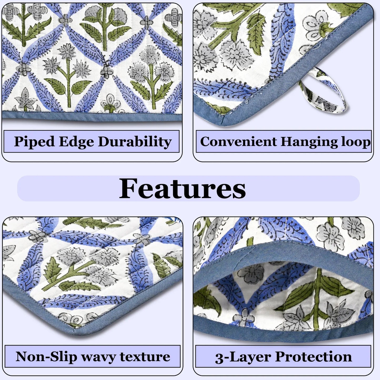 Product features with floral patterns and text labels on a light blue background