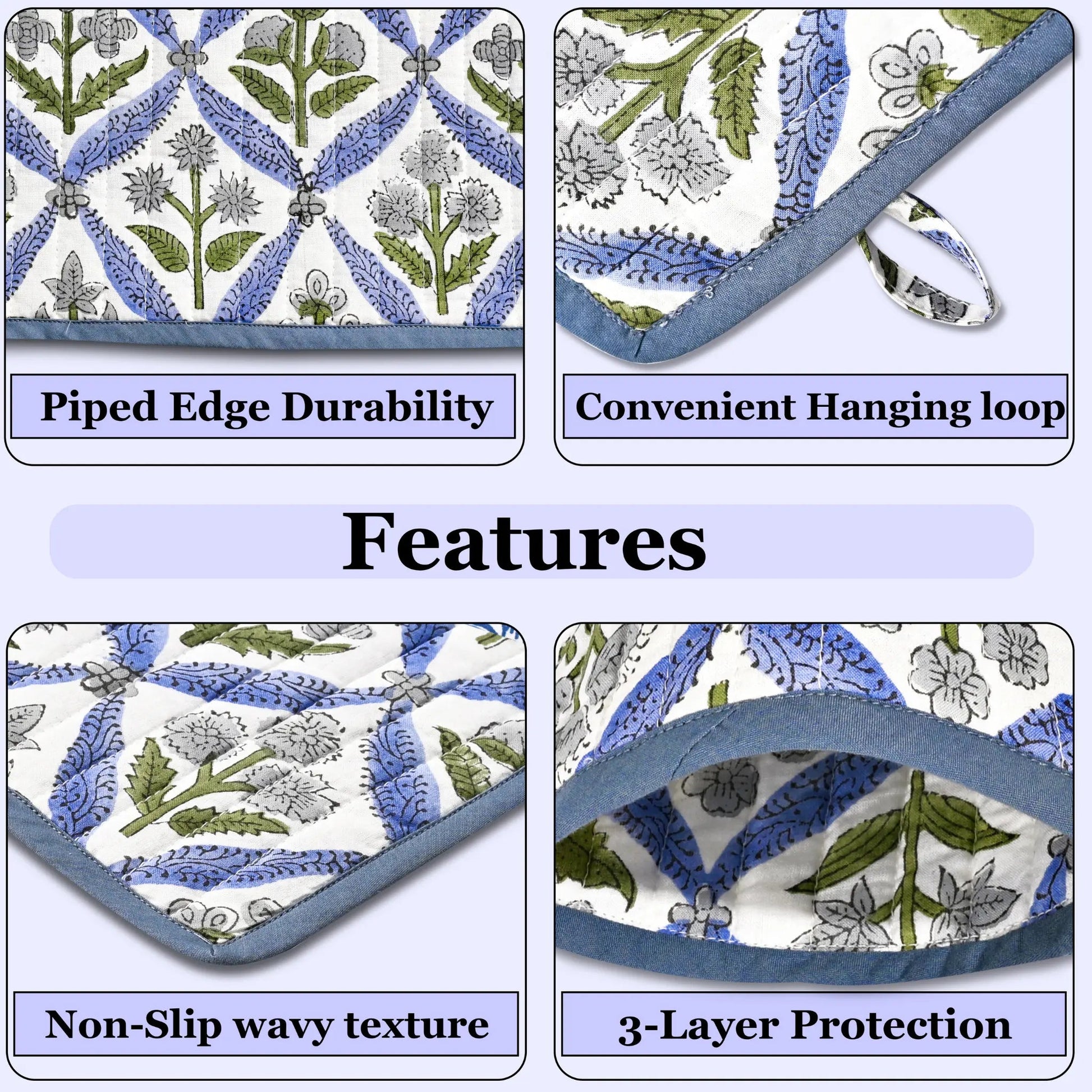 Product features with floral patterns and text labels on a light blue background