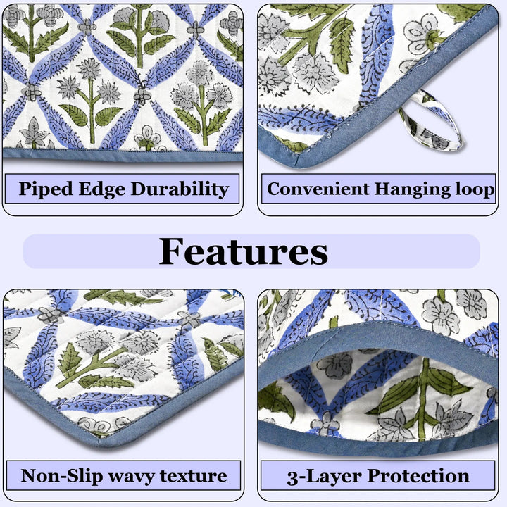 Product features with floral patterns and text labels on a light blue background
