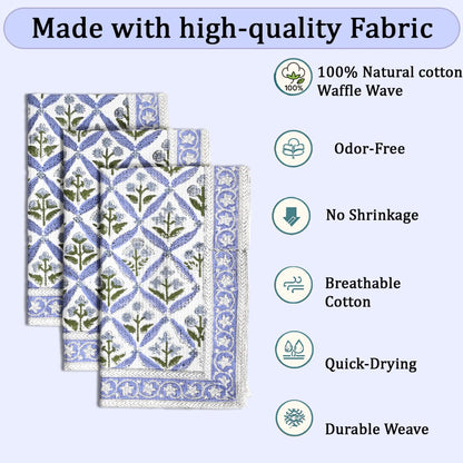 Set of three floral-patterned towels with text highlighting fabric qualities on a white background.