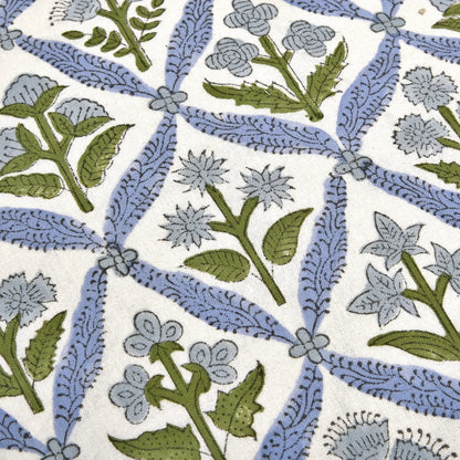 Patterned fabric with blue, green, and gray floral and leaf designs on a white background