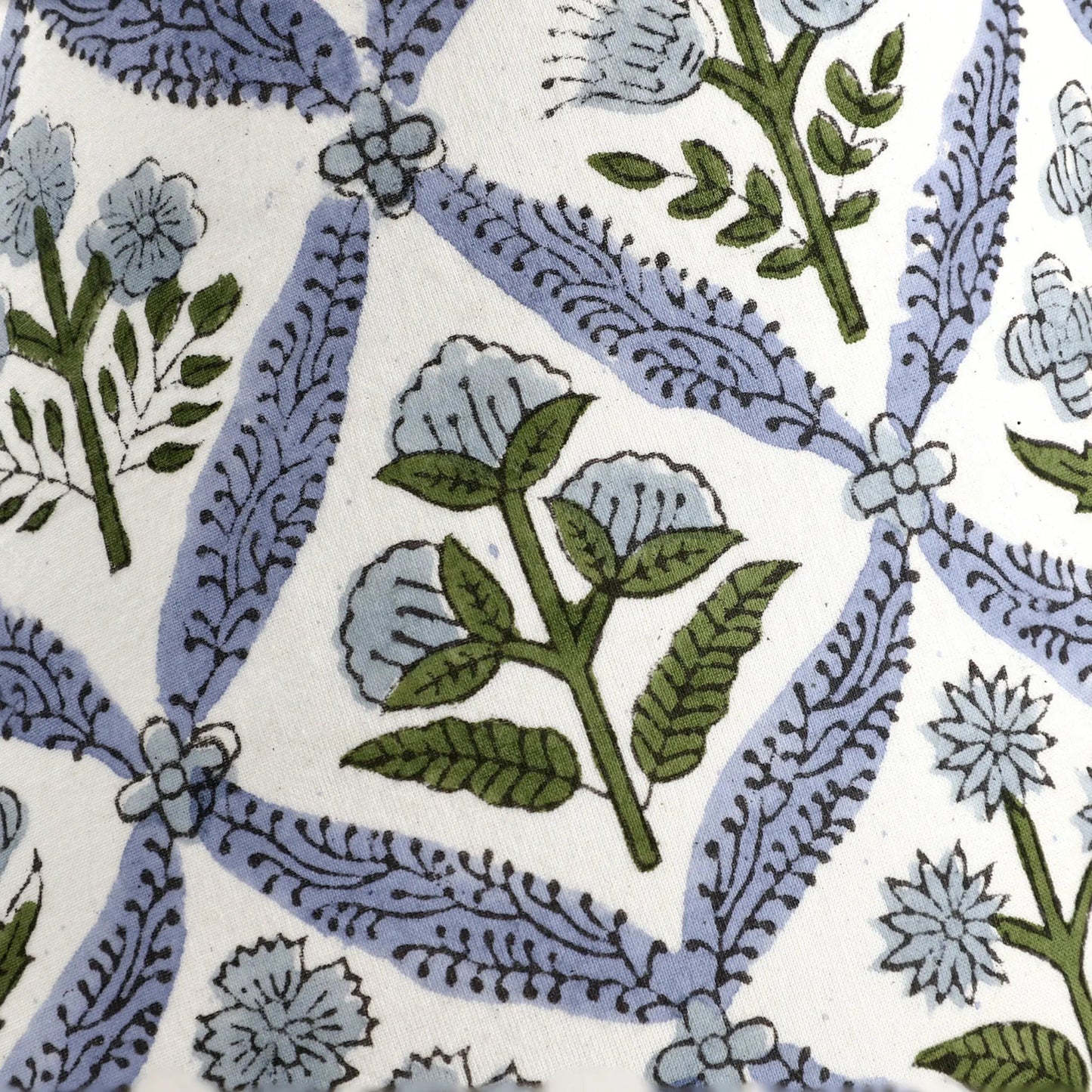 Patterned fabric with blue and green floral design on a white background