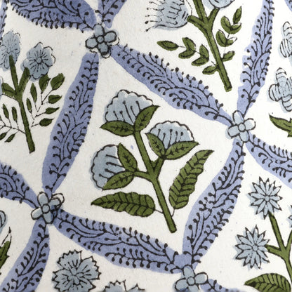 Patterned fabric with blue and green floral design on a white background