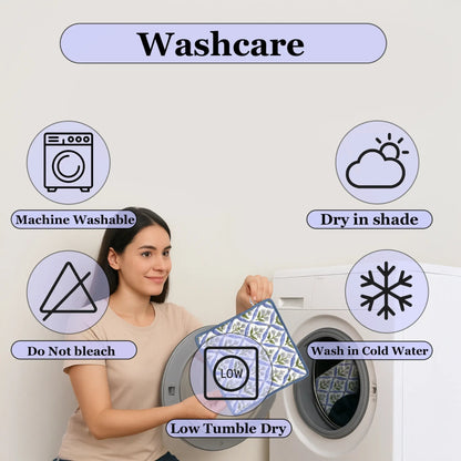 Woman holding a fabric with washing care symbols displayed around her.