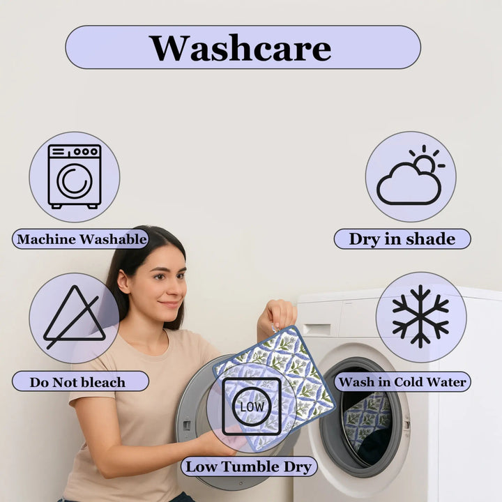 Woman holding a fabric with washing care symbols displayed around her.