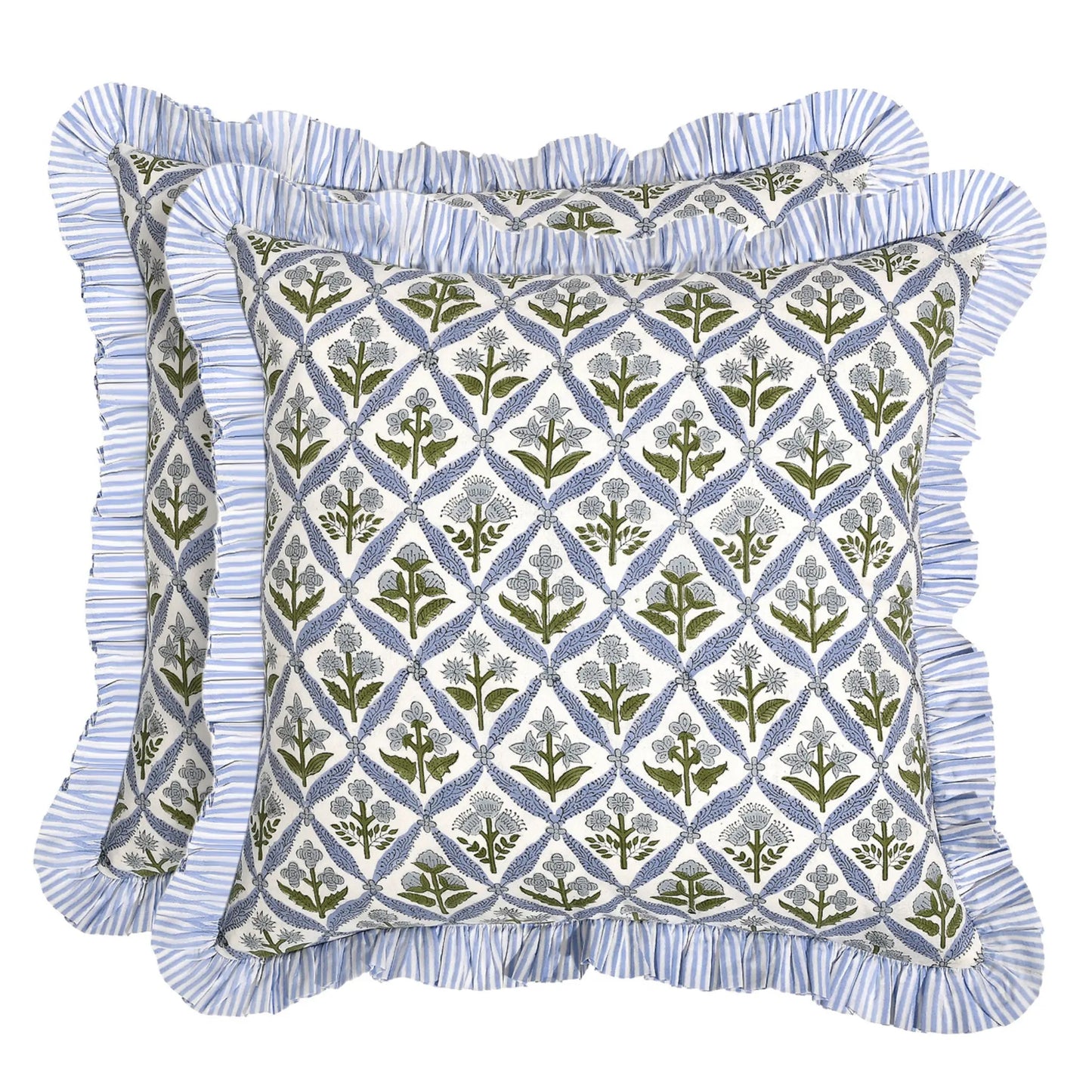 Decorative pillow with geometric pattern and ruffled edges on a white background