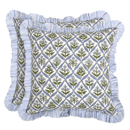 Decorative pillow with geometric pattern and ruffled edges on a white background
