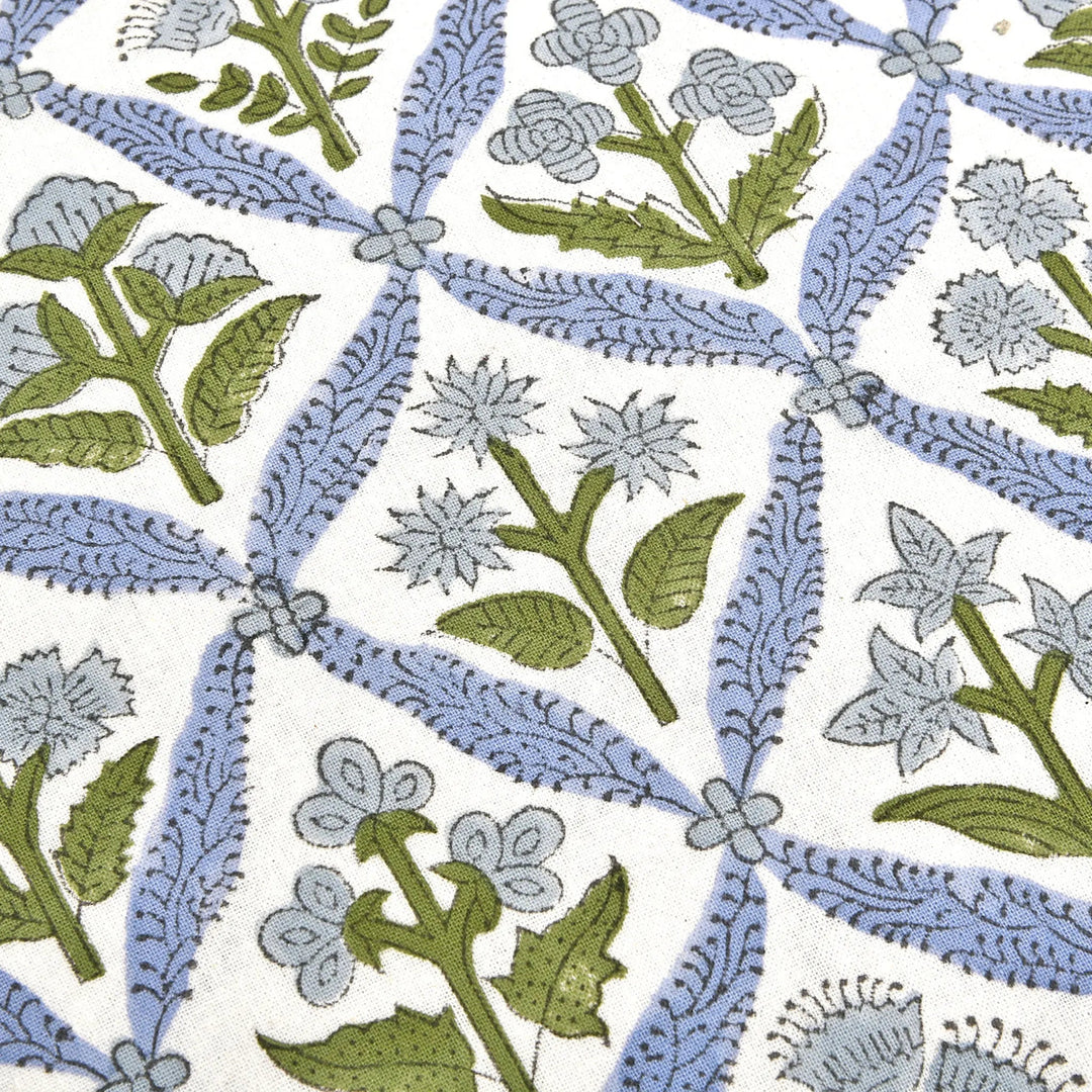 Pattern of blue, green, and gray floral and leaf designs on a white background