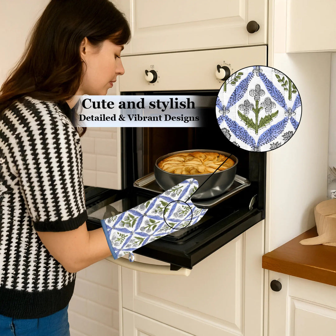 Woman taking a dish out of an oven wearing a patterned oven mitt, with a close-up of the mitt&