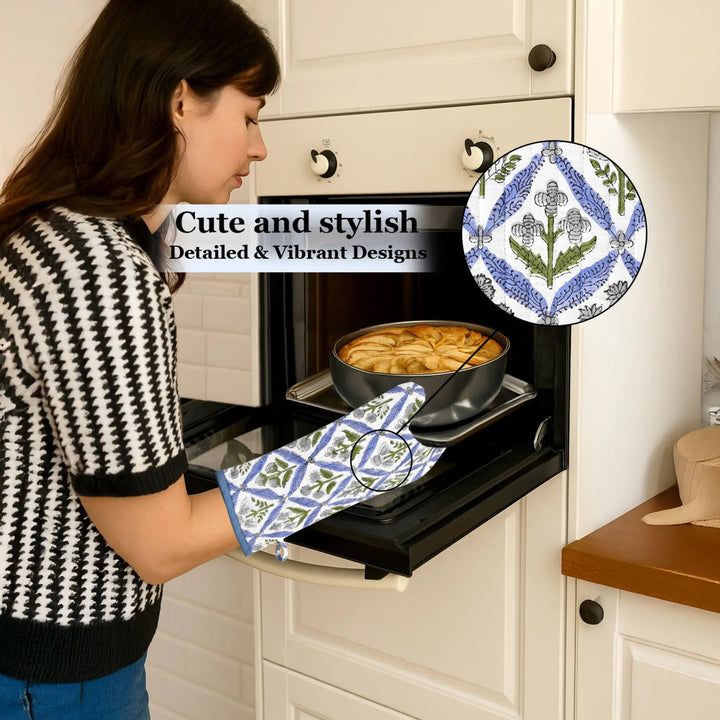 Woman taking a dish out of an oven wearing a patterned oven mitt, with a close-up of the mitt&