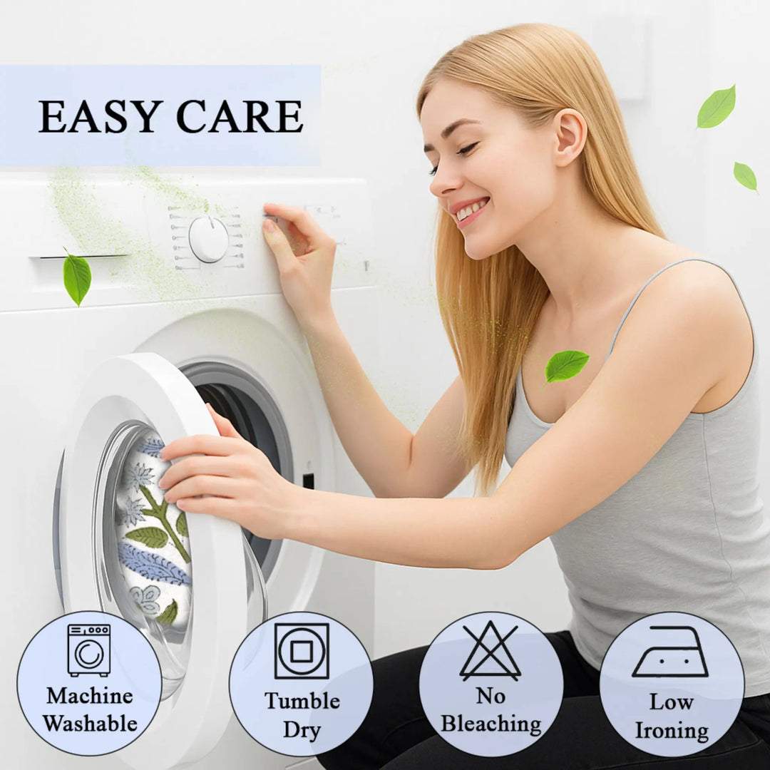 Woman putting cotton pillow cover in washing machine with easy-care icons.