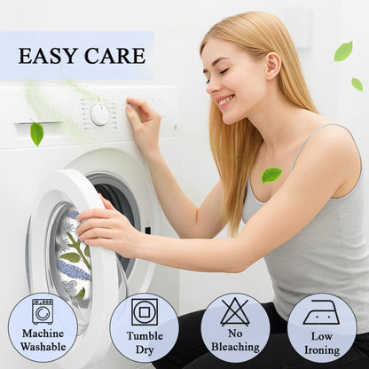 Woman putting cotton pillow cover in washing machine with easy-care icons.