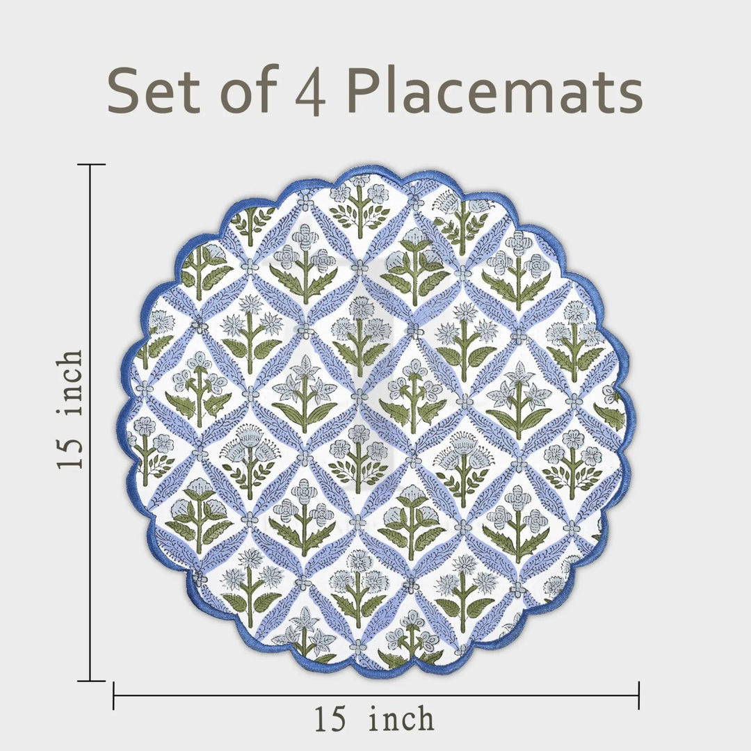 Set of 4 placemats with floral pattern and dimensions on a white background