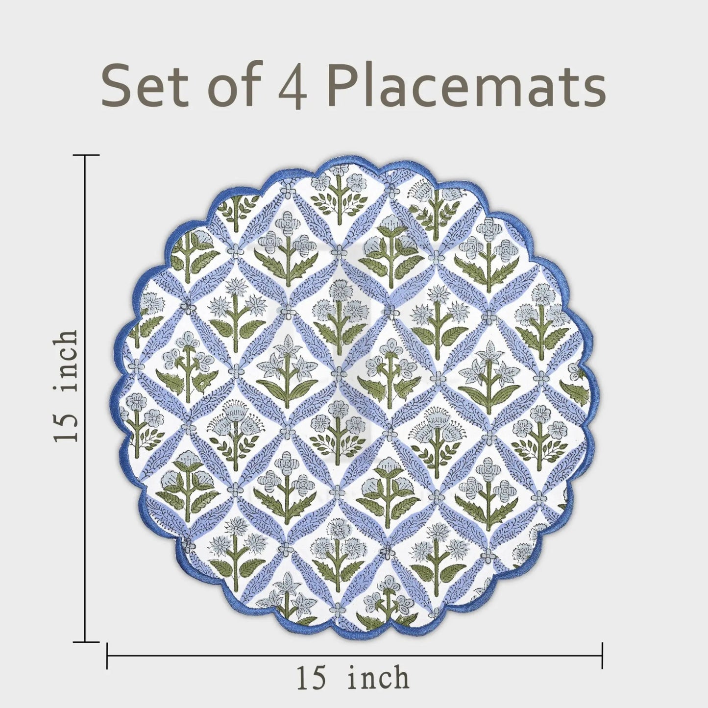 Set of 4 placemats with floral pattern and dimensions on a white background