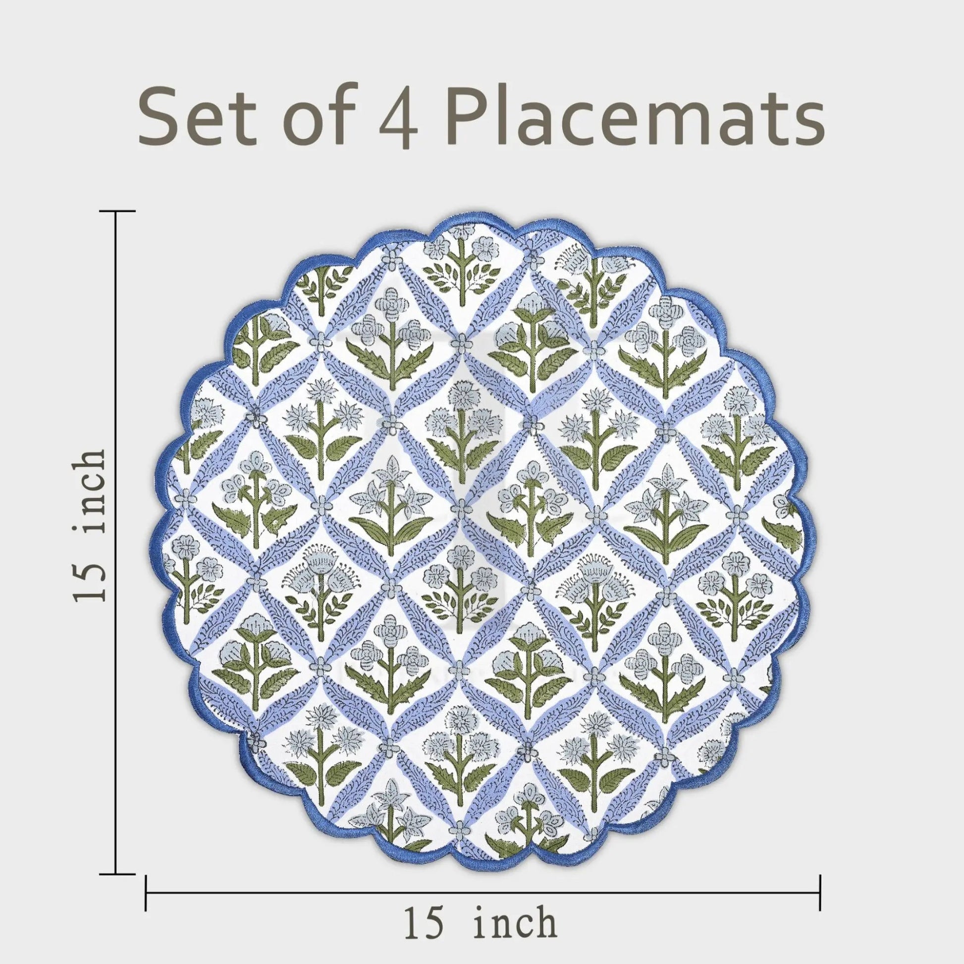Set of 4 placemats with floral pattern and dimensions on a white background