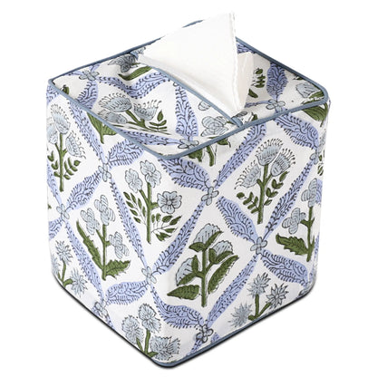 Square tissue box cover with floral pattern on a white background