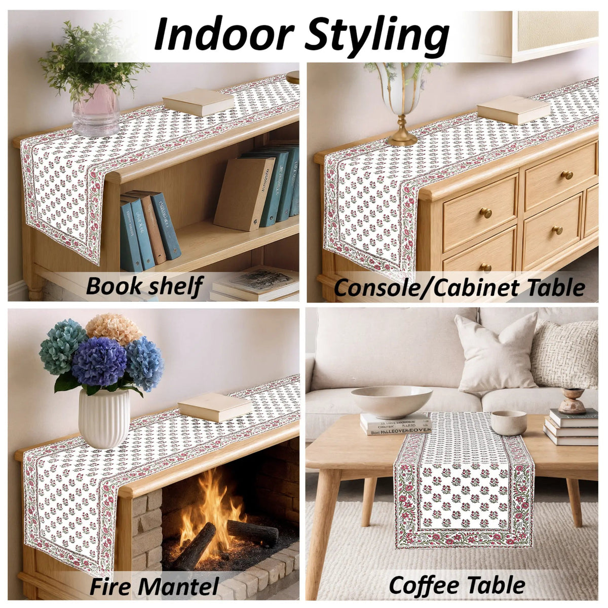 Table runner with floral pattern displayed on various furniture items including a bookshelf, console table, fire mantel, and coffee table.