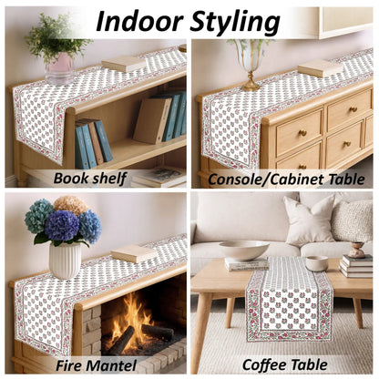 Table runner with floral pattern displayed on various furniture items including a bookshelf, console table, fire mantel, and coffee table.
