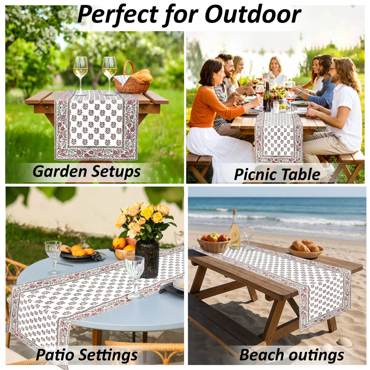 Table runner with floral pattern used in various outdoor settings including garden, picnic, patio, and beach.