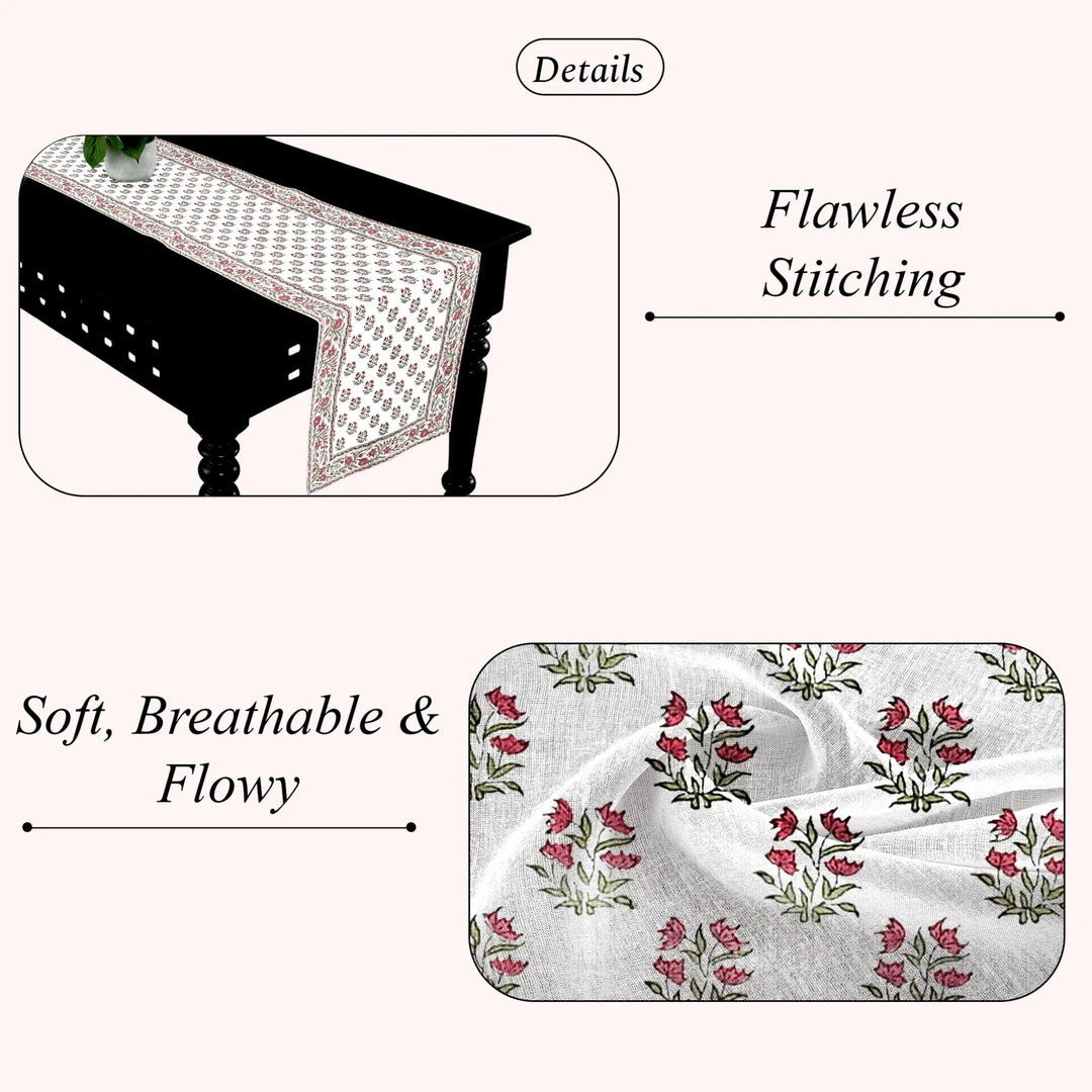 Tablecloth with floral pattern on a table, highlighting &