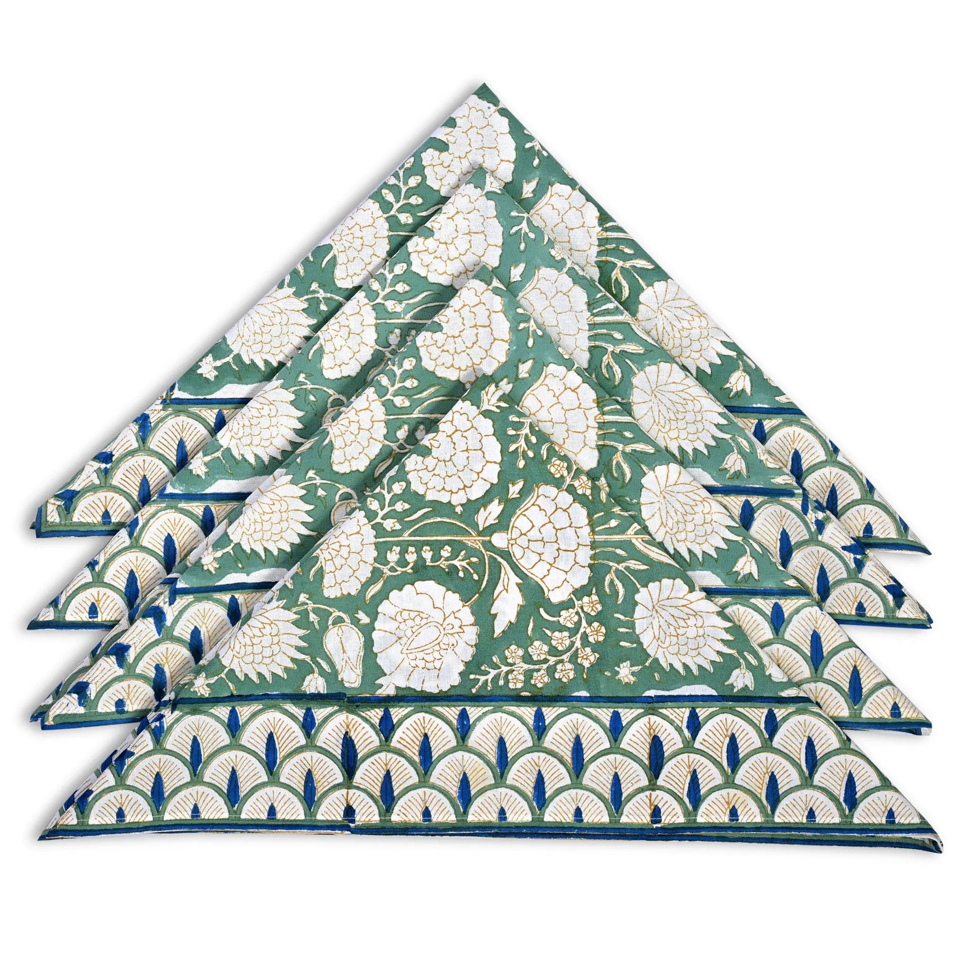Set of four folded fabric napkins with a floral pattern on a white background