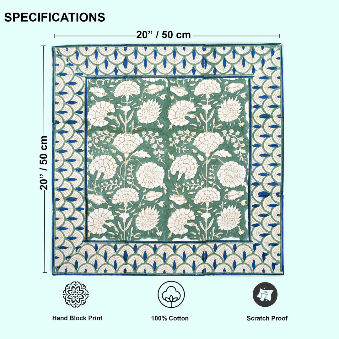 Floral patterned fabric with dimensions and certification icons on a white background