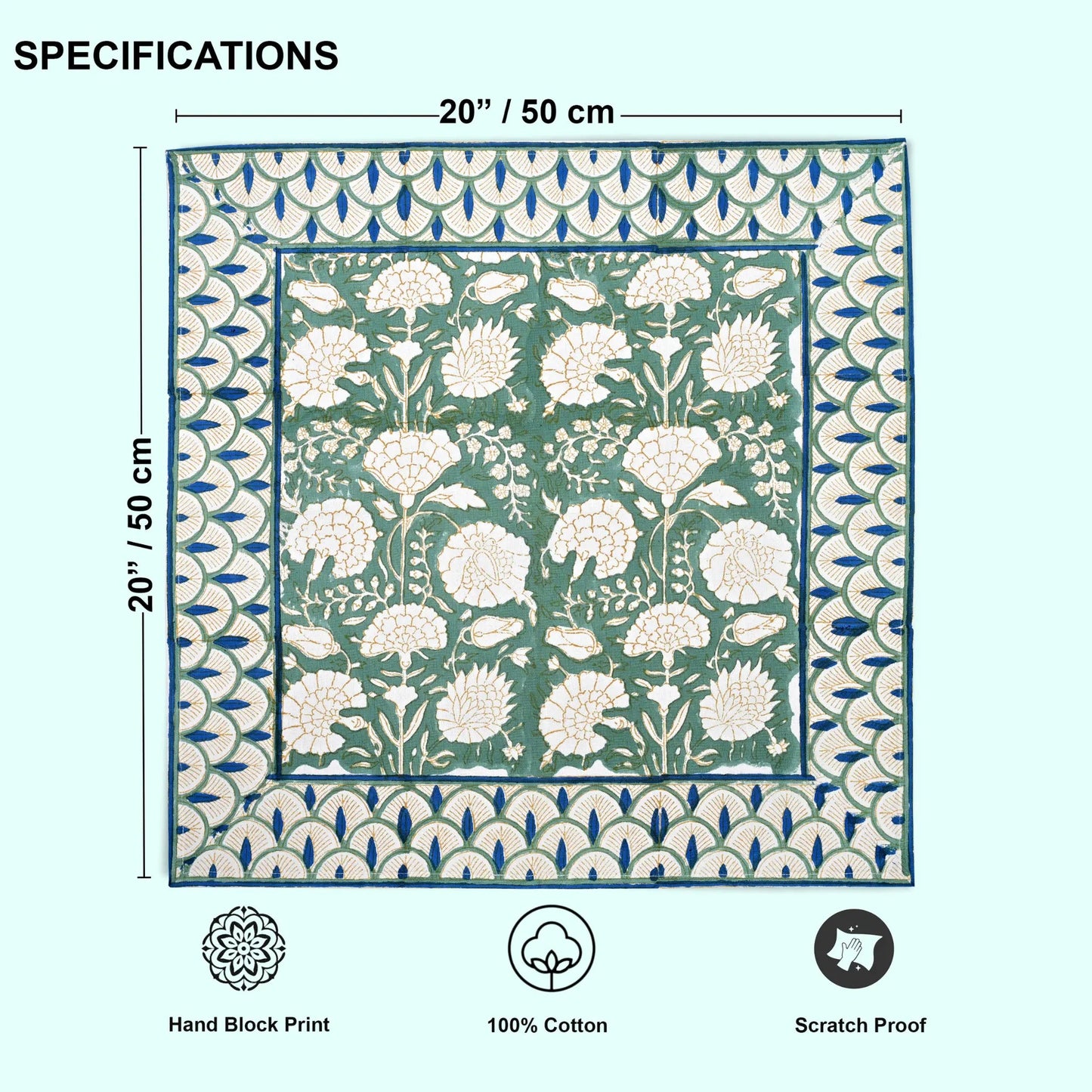Floral patterned fabric with dimensions and certification icons on a white background