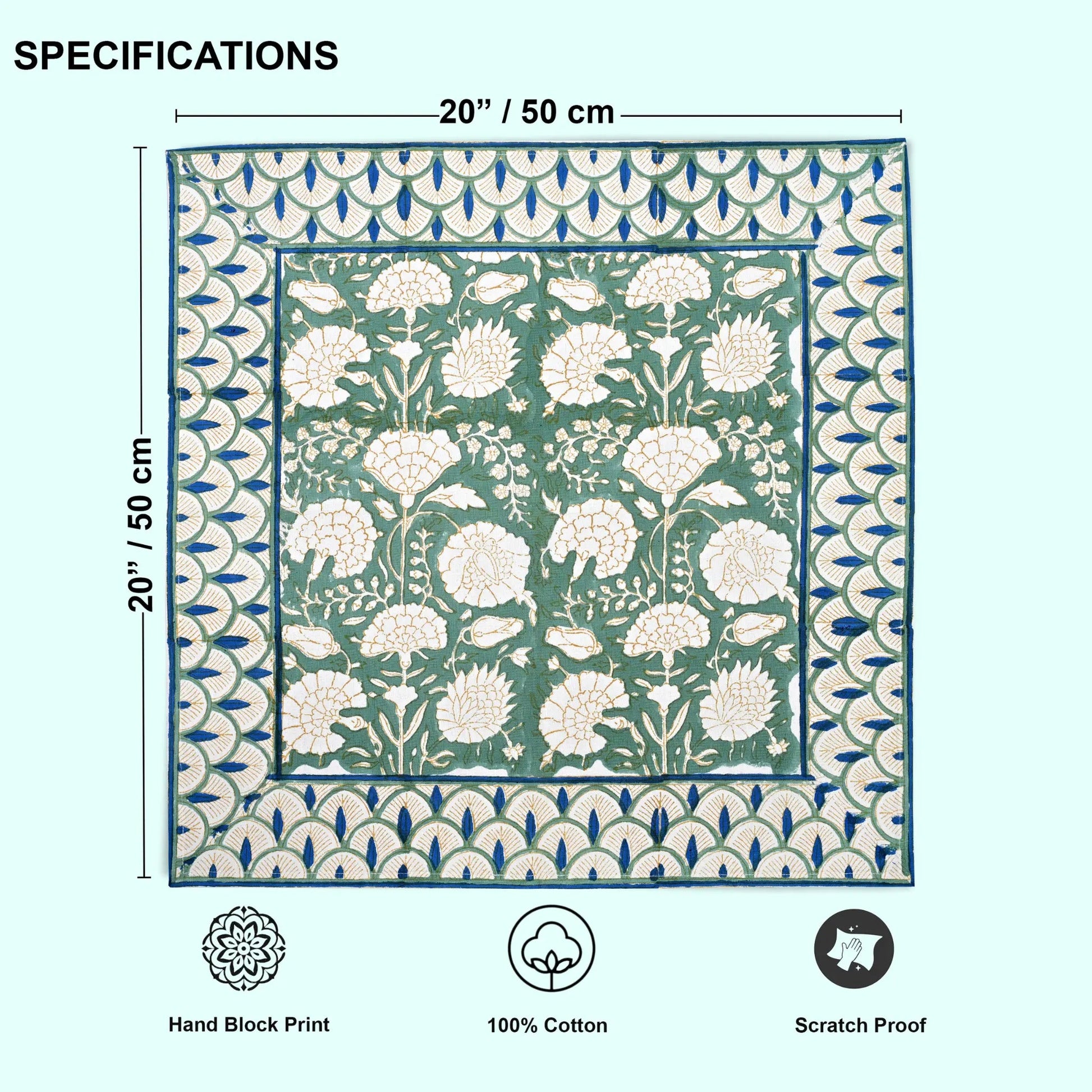 Floral patterned fabric with dimensions and certification icons on a white background