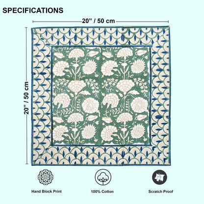 Floral patterned fabric with dimensions and certification icons on a white background