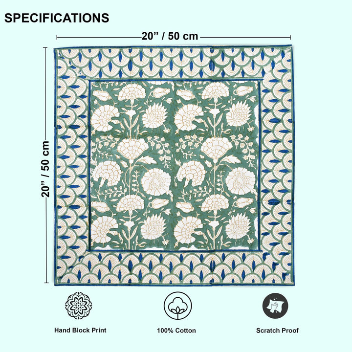Floral patterned fabric with dimensions and certification icons on a white background