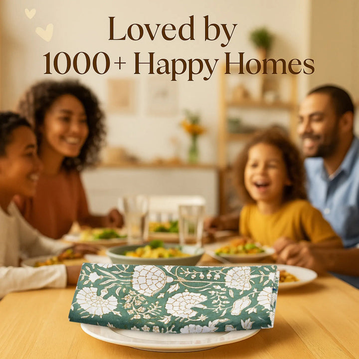 Family sitting around a dinner table with a floral-patterned package in the foreground, text &