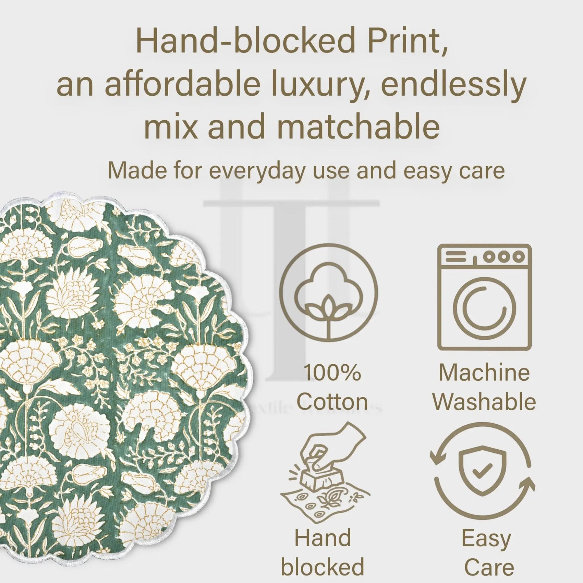 Product description with floral pattern, icons for material, care, and washing.