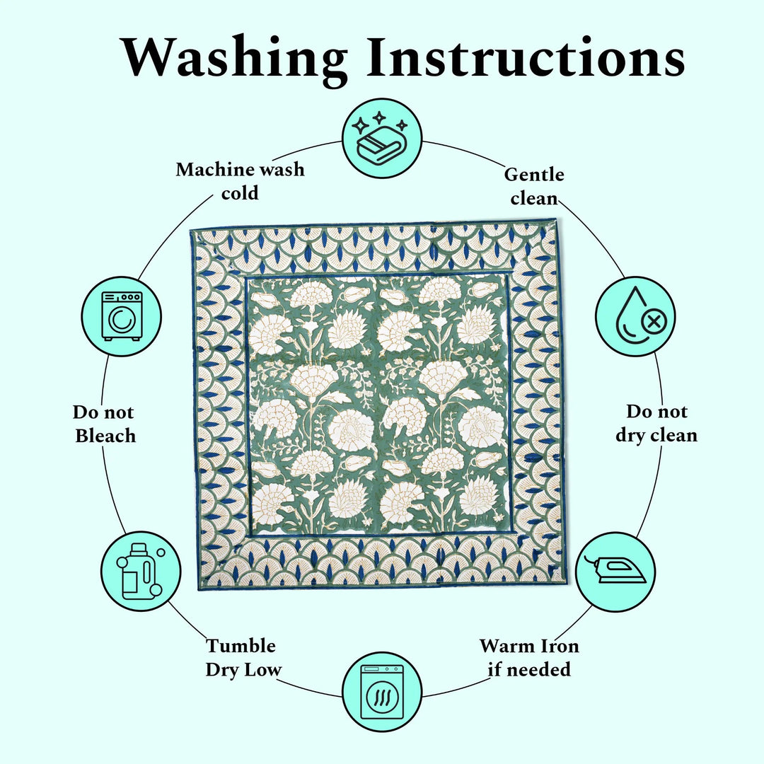 Washing instructions for a fabric product with icons and text on a white background