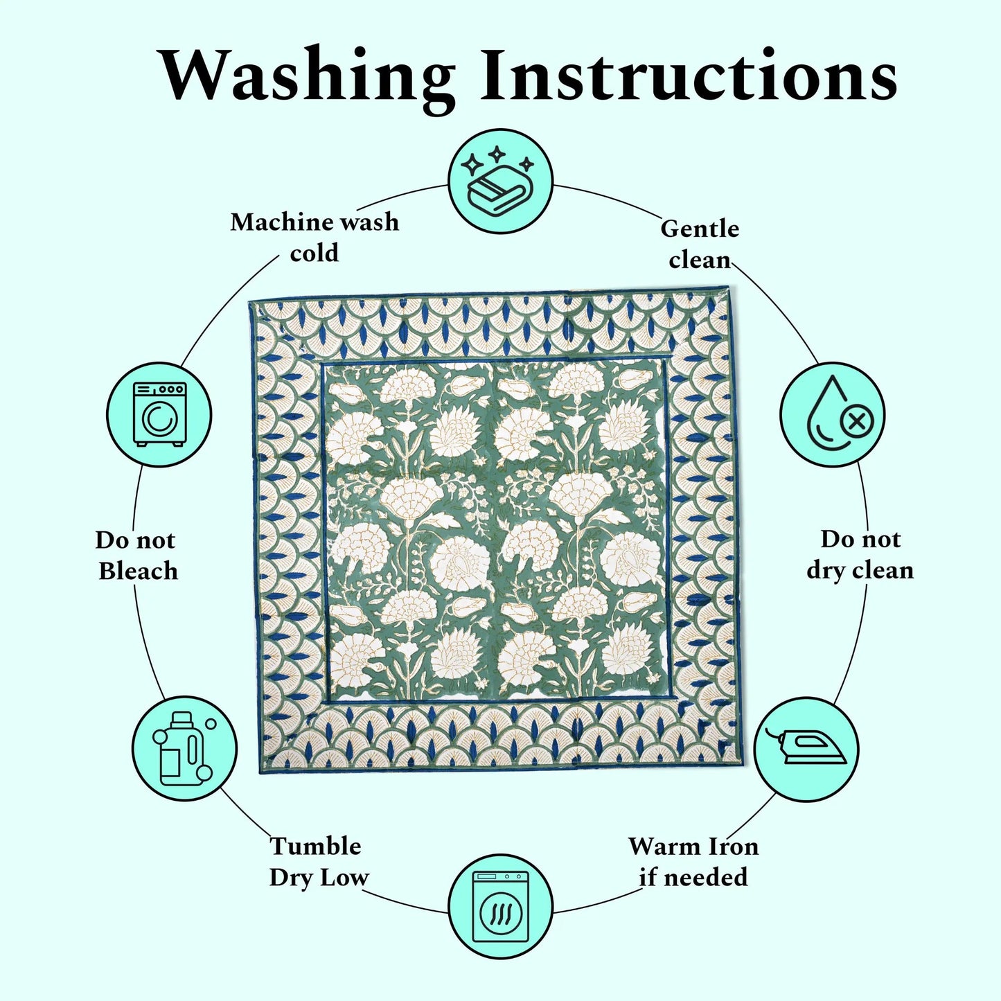 Washing instructions for a fabric product with icons and text on a white background