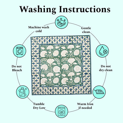 Washing instructions for a fabric product with icons and text on a white background