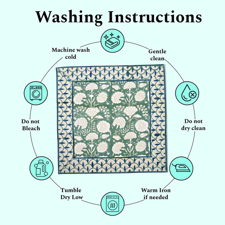 Washing instructions for a fabric product with icons and text on a white background
