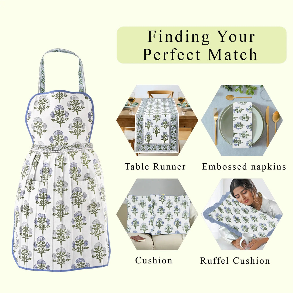 Product display with apron, table runner, embossed napkins, cushion, and ruffel cushion on a white background.