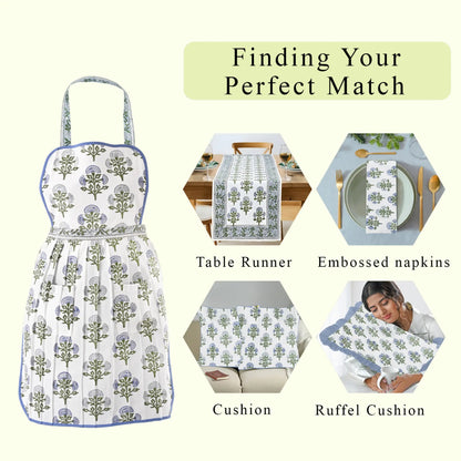 Product display with apron, table runner, embossed napkins, cushion, and ruffel cushion on a white background.