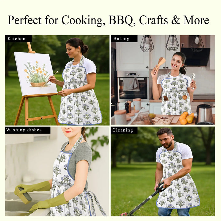 Collage of people wearing aprons in various activities with text &