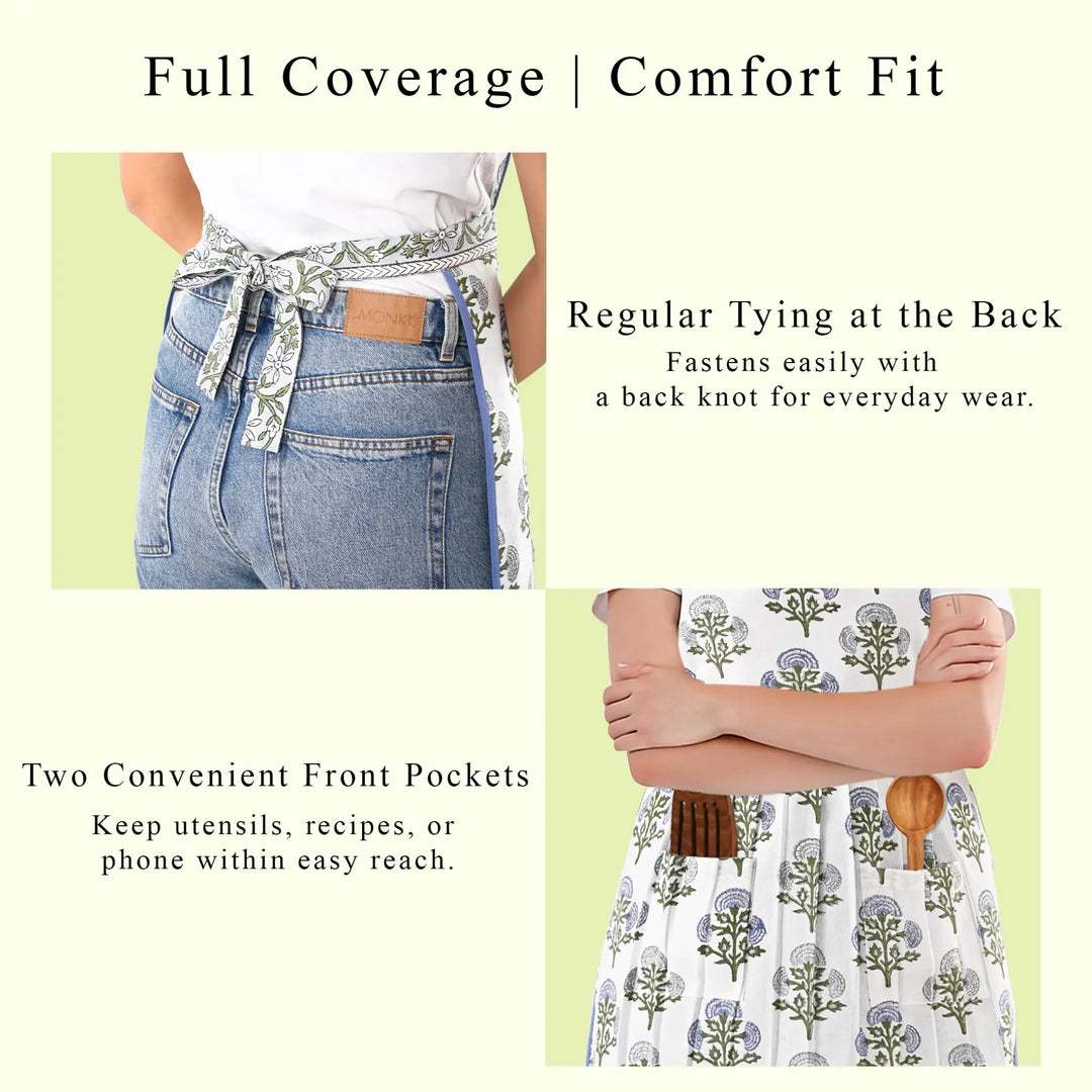 Apron with front pockets and tying at the back, shown on a person wearing jeans.