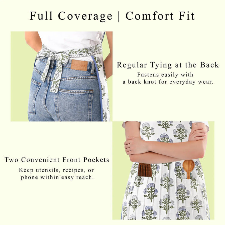Apron with front pockets and tying at the back, shown on a person wearing jeans.