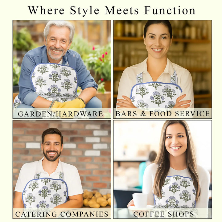 Four people wearing aprons with a floral design in various settings.