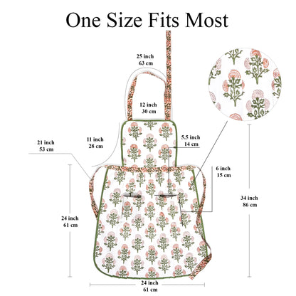 Floral apron with measurements on a white background