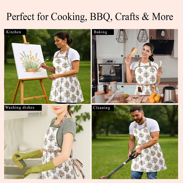 Collage of people wearing aprons in various activities with text &