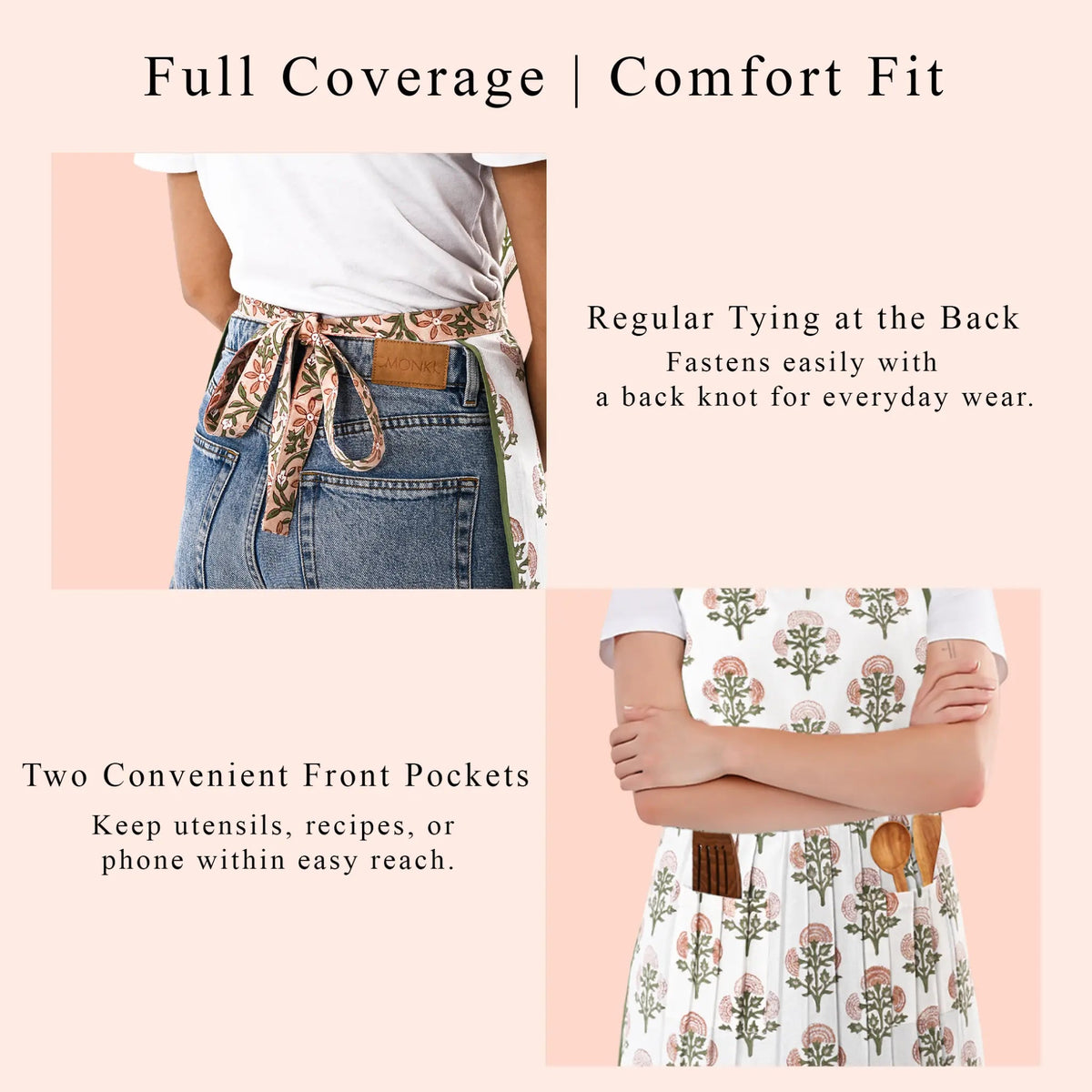 Person wearing a floral apron with text describing its features on a pink background