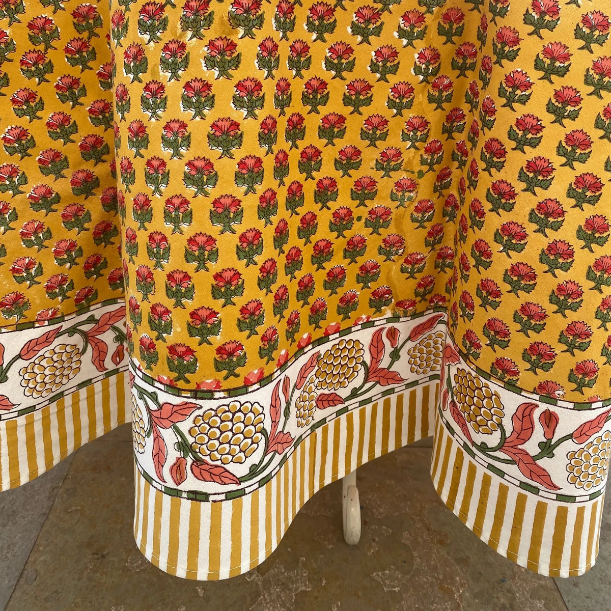 Decorative fabric with floral pattern on a yellow background
