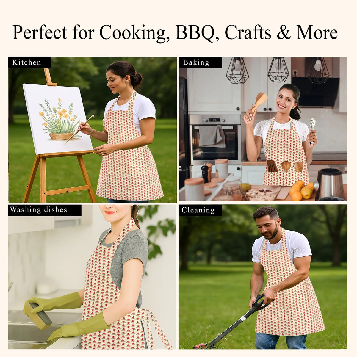 Collage of people wearing a patterned apron in various activities like painting, cooking, cleaning, and gardening.