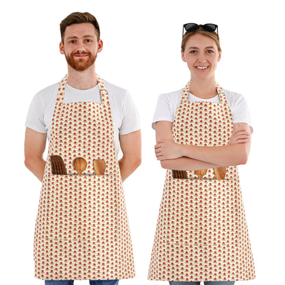 Two people wearing aprons with wooden spoon pockets on a white background